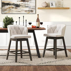 COSTWAY Counter Height Bar Stools Set of 4, Fabric Upholstered Island Stools with 360° Swivel Seat & Button-Tufted Back, Modern Pub Stools with Solid Rubber Wood Frame (Beige,4)
