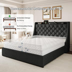 Queen Size Upholstered Platform Bed Frame with 4 Storage Drawers and Charging Station, Linen Button Tufted Wingback Headboard, Sturdy Wooden Support Slats, No Box Spring Needed, Dark Grey