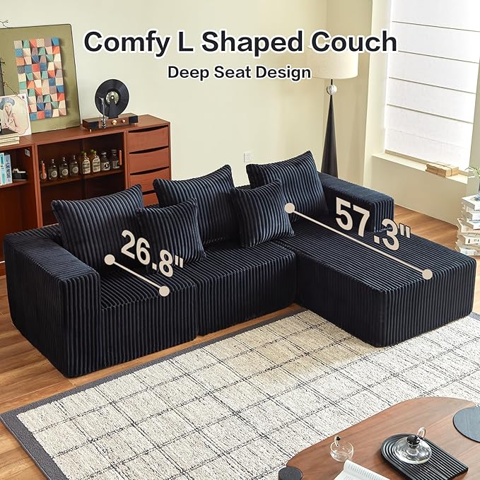 101" Boneless Couches for Living Room, Cloud Couch Sectional with Oversized Chaise, Modular Sectional Sofa Memory Foam Couch in a Box, Fluffy Corduroy Sofa for Living Room (Black)