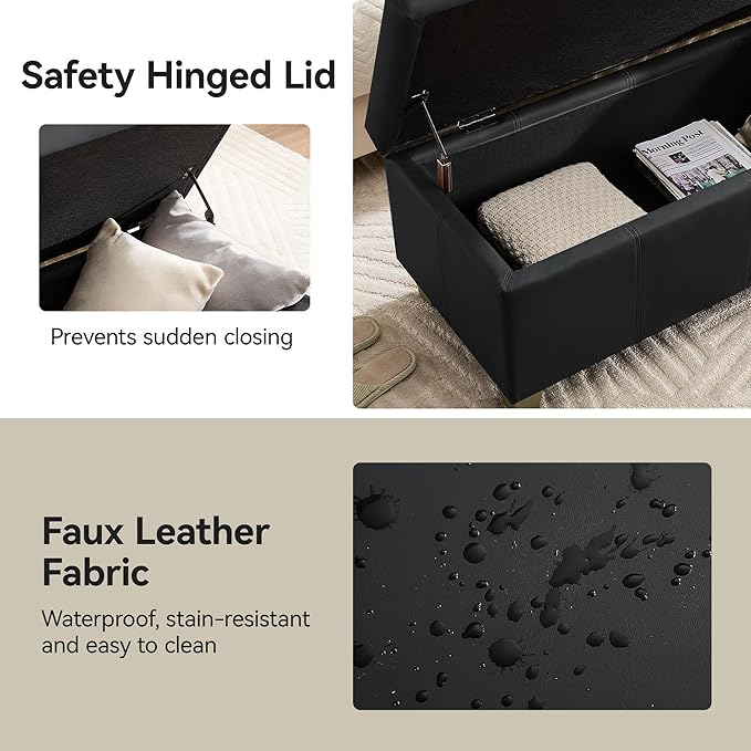 41" Faux Leather Storage Ottoman, Stitch Tufted Rectangle Upholstered End of Bed Storage Bench, Entryway Large Couch Ottoman with Wooden Legs, Dark Black