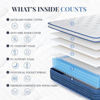 Queen Mattress, 12 Inch Queen Size Hybrid Mattresses in a Box, Medium Feel Foam and Individual Pocket Springs, Fiberglass Free Bed Mattress, Extra Edge Support, Pressure Relief, CertiPUR-US, Blue