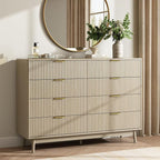 CARPETNAL Fluted 8 Drawer Dresser for Bedroom, 55" Wide Wooden Chest of Drawers with Rounded Corners, Gold Handles, Modern Storage Organizer for Bedroom, Hallway(Beige)