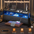 Aheaplus Headboard for Twin Size Bed Frame, Headboards with Outlets, USB Ports and LED Light, Head Board with Storage, Height Adjustable, Sturdy and Stable Headboard, Twin Size, Black Oak