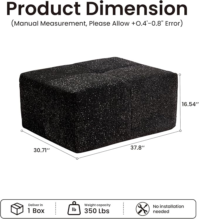 37.8" Glitter Velvet Ottoman for Couch, Memory Foam Cloud Boneless Sectional Couch for Living Room Foot Stools No Assembly Require (Sparkly Velvet, Black)