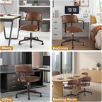 Home Office Desk Chair, Mid-Century Style Desk Chair with Padded Arms, Adjustable Seat Height, Mid Back 360° Small Computer Chair with Mobile Mute Wheel, PU Leather (Brown)