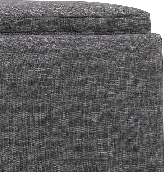 SIMPLIHOME Natasha 18 inch Wide Mid Century Square Mid Century Storage Ottoman with Tray in Slate Grey Polyester Linen, Assembled, For the Living Room, Entryway and Family Room
