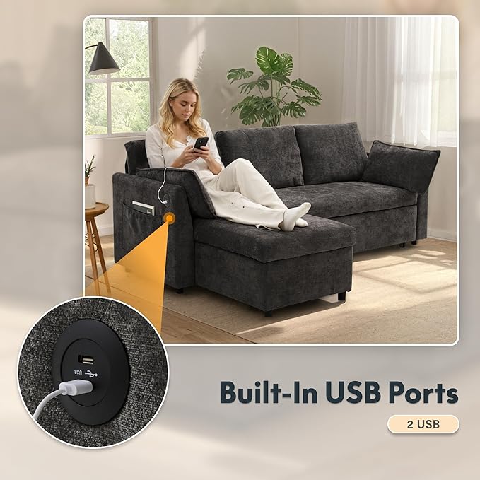 FLEXISPOT XB5 78" Pull Out Couch Bed with Storage Chaise, 2-in-1 Convertible Sofa Bed with USB Charging Ports, 3-Seater Sectional Sofa Couch for Living Room Apartment, Easy to Assemble(Dark Gray)