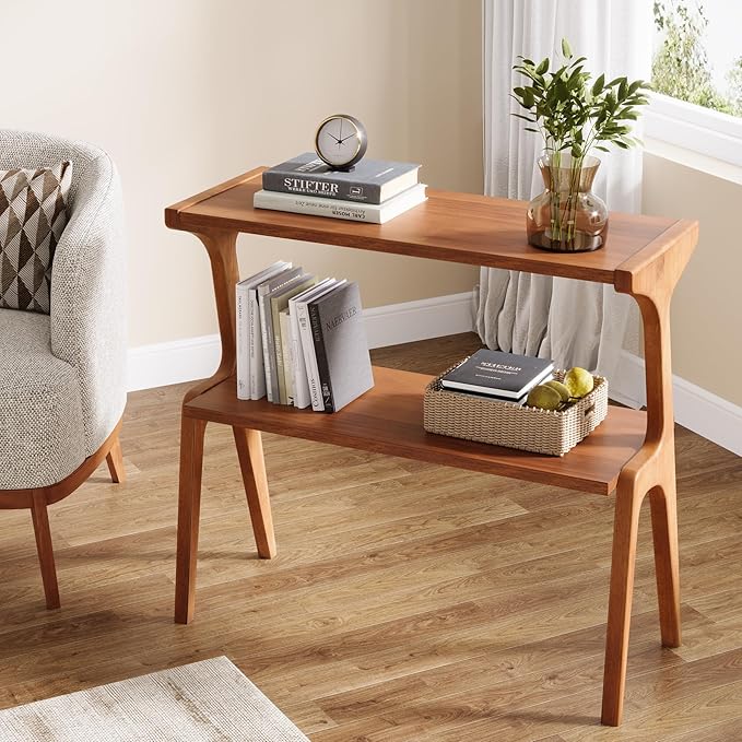 Tribesigns Wood Side Table, 2-Tier Modern Tall End Table with Storage Shelves, Slim Couch Side Table for Living Room, Narrow Bedside Table, Nightstands for Bedroom, Cherry