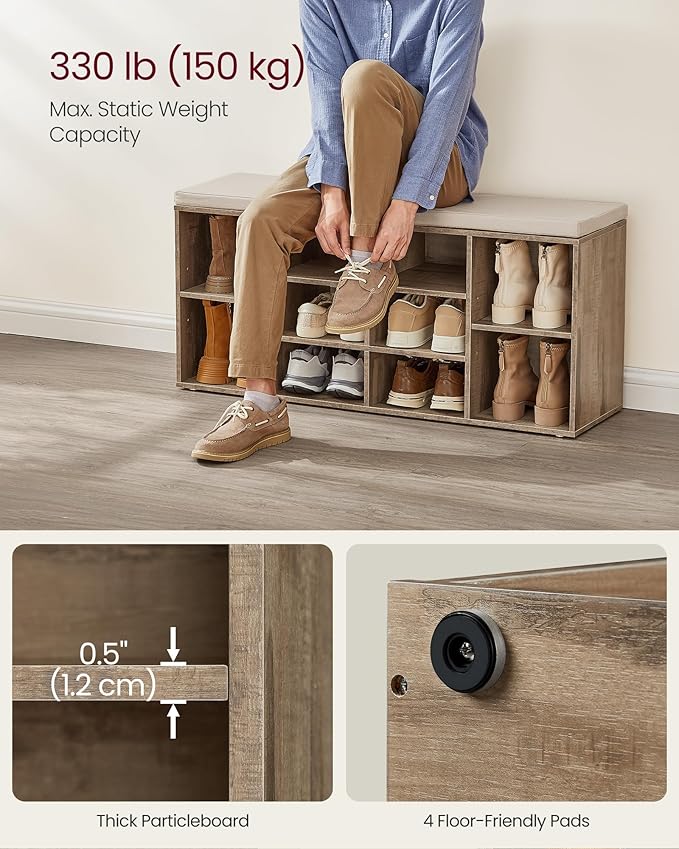 VASAGLE CUSTOS Collection - Shoe Bench, Storage Bench with Padded Seat, Entryway Bench with 10 Compartments, for Bedroom, 11.8 x 40.9 x 18.9 Inches, Camel Brown and Cappuccino Beige ULHS010K02