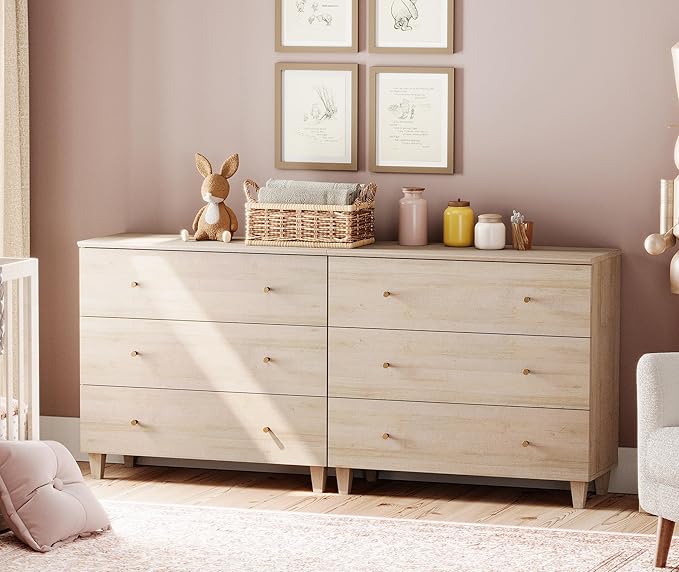 WAMPAT 6-Drawer Kids Dresser for Bedroom, 2-in-1 Modern Large Chest of Drawers with Gold Knobs, 71 Inch Wide Light Oak Wood Children Dresser for Baby Room, Nursery