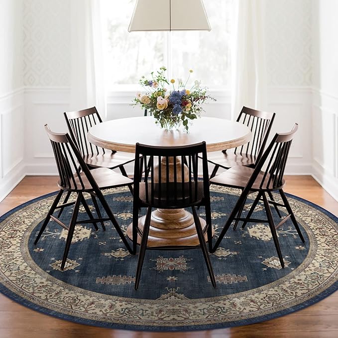 RUGGABLE Washable Vintage Area Rug – Verena Sapphire 6 ft Round, Stain-Resistant, Non-Slip – Medium Machine Washable Rugs for Living Room, Bedroom, Hallway, Entryway & Office–with Standard Pad