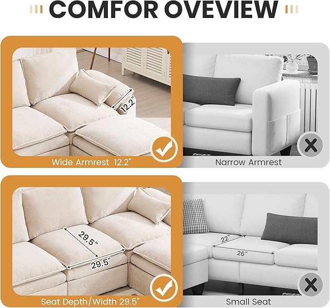 100" L Shaped Modular Sectional Sofa, Couch with Ottoman Storage, Chenille Cloud Couch with Plush Deep Seating for Living Room, Bedroom (Beige, 4 Seat)