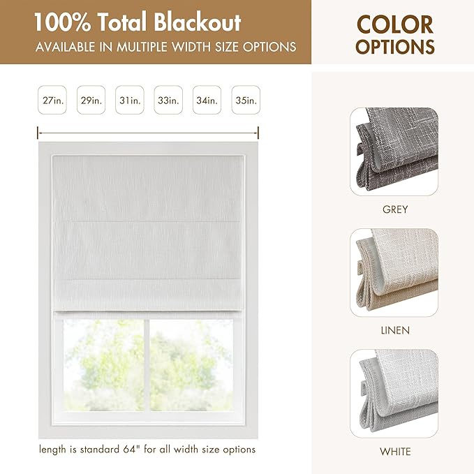 Madison Park Cordless Roman Shades, Total Blackout Window Blind Privacy Window Shades, Thermal Insulated Cordless Window Treatment for Bedroom, Living Room, Quincy, Single Panel 33" W X 64" H White