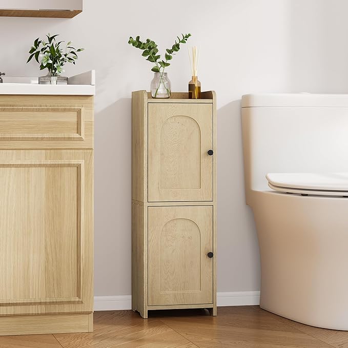 Bathroom Storage Cabinet, Corner Floor Cabinet with 2 Doors and Adjustable Shelf, Narrow Toilet Paper Cabinets, Bathroom Organizer for Small Spaces, 7.9" D x 9.8" W x 29.5" H Yellow
