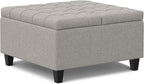 SIMPLIHOME Harrison 30 inch Wide Transitional Square Small Coffee Table Storage Ottoman in Cloud Grey , Assembled, For the Living Room and Bedroom