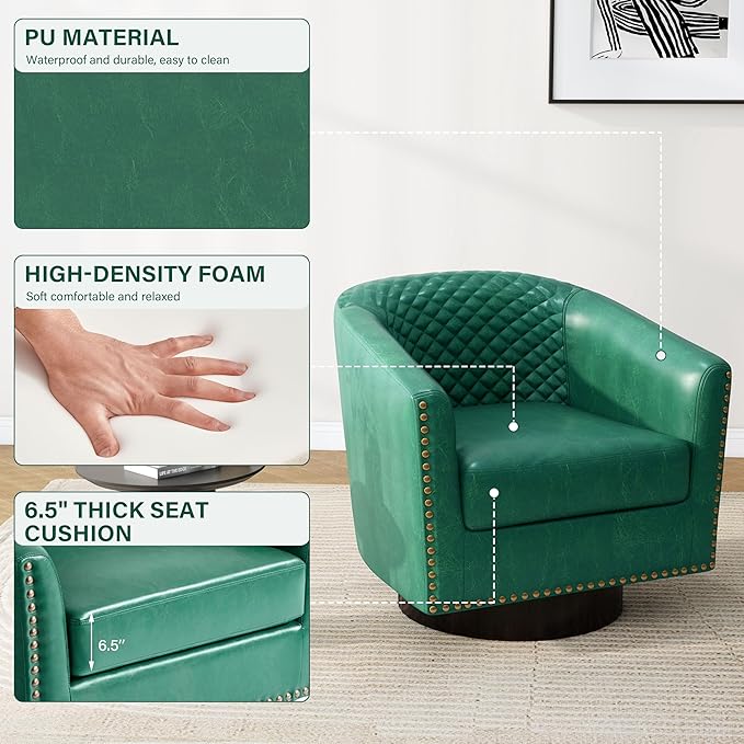 Pia Ricco Faux Leather Swivel Barrel Accent Chairs, 360° Swivel Round Single Sofa Chair, Comfy Upholstered Club Armchair with Nailhead Trim for Living Room/Reading Room/Bedroom, Green