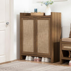 SICOTAS Shoe Cabinet Set of 2, Large Capacity Shoe Storage Organizer Cabinet, Tall Rattan Shoe Cabinet with Doors and Shelves, 6-Tier Farmhouse Boho Wooden Storage Cabinet for Entryway Hallway