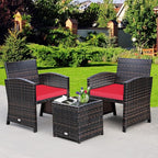 COSTWAY 3 Pieces Patio Furniture Sets, Outdoor Rattan Conversation Set with Tempered Glass Tabletop and Soft Cushion, Wicker Cushioned Chair Sofa for Backyard, Porch, Poolside, Lawn, Red