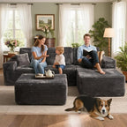 106" Cloud Sectional Couch with L-Shape Chaise & Ottoman, No Assembly Modular Sofa, Deep Seat Plush Corduroy Boneless Couched for Living Room (Gray Plush Corduroy, Right Facing Chaise with Ottoman)