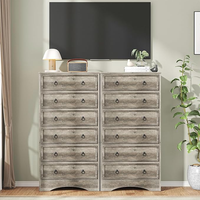 6 Drawer Dresser 52" Tall for Bedroom, Wood 6 Chest Drawers, Storage for Clothes, Narrow Large Drawers, Taupe Vintage, for Living Room, Bedroom, Hallway, Brownish Grey
