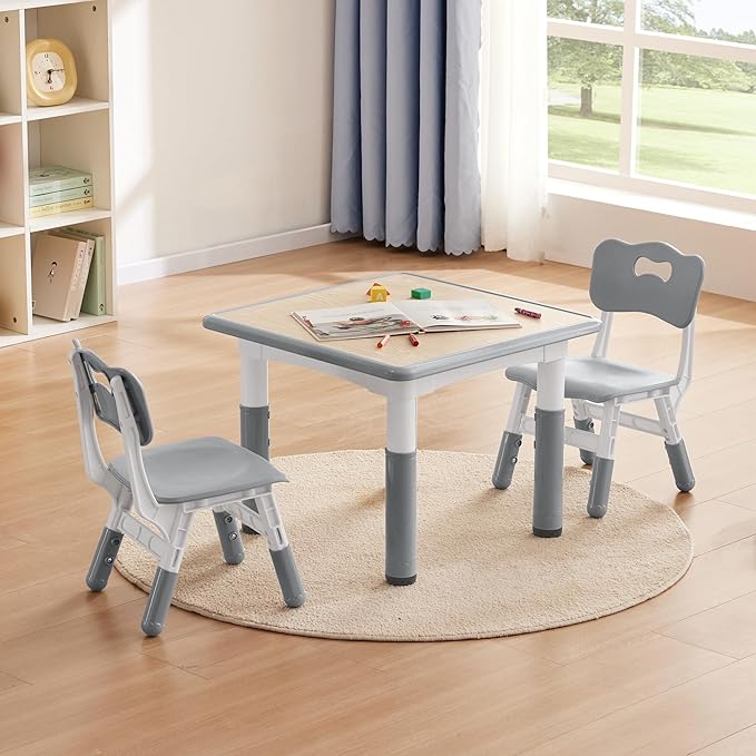 Kids Study Table and Chairs Set, Height Adjustable Toddler Table and Chair Set for Kids Ages 3-8, 23.6" L x 23.6" W Graffiti Desktop Plastic Children Art Table with 2 Seats, W-Grey