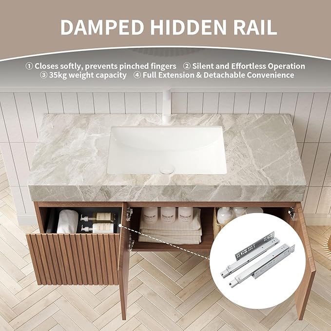 48 Inch Floating Bathroom Vanity with Sink Espresso, Wall-Mounted Farmhouse Bathroom Vanity with Drawer and Doors, Light Gray Sintered Stone Countertop and Ceramic Basin, Pre-Assembled