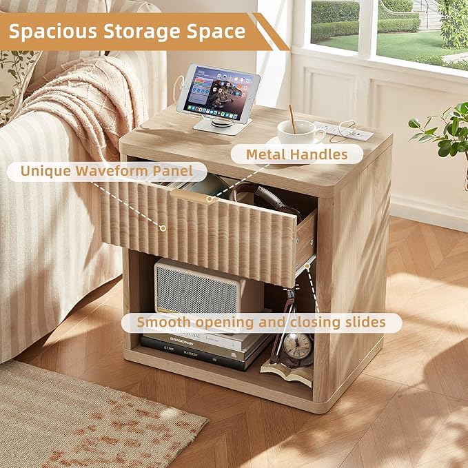 LEYAOYAO Fluted Nightstand with Charging Station, 23" Wide 1 Drawers End Table,Natural Night Stand with Open Storage Cabinet, Farmhouse Bed Side Tables, Wood Dresser for Bedroom, Living Room, Closet