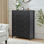 5 Drawer Dressers for Bedroom, Modern Closet Chest of Drawers with Waveform Fluted Panel, Large Wood Storage Dresser Organizer for Nursery Bedroom Living Room Hallway Closet, Black