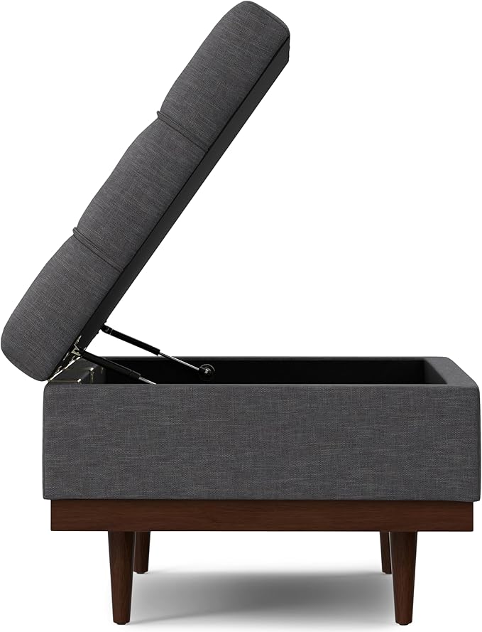 SIMPLIHOME Mariah 34 inch Wide Contemporary Rectangle Coffee Table Storage Ottoman in Slate Grey Polyester Linen, Assembled, For the Living Room, Entryway and Family Room