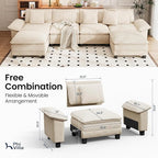 PHI VILLA Cloud Modular Couch Sets, 157.5" Sectional Sofa with U-Shaped Chaise Ottoman, 6-Seater Couches with Upholstered Deep Seat for Living Room, Chenille Corduroy Dual Fabric, Beige