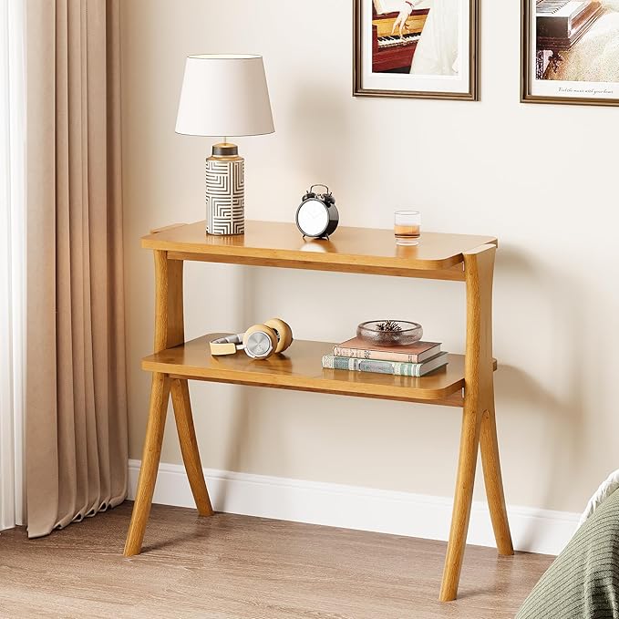 Tribesigns Narrow Side Table Set of 2, Farmhouse End Table with 2-Tier Storage Shelf and Solid Wood Legs, Slim Modern Bedside Table Nightstand for Bedroom, Living Room, Small Spaces, Brown(2)