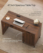 47" Fluted Executive Desk, Modern Wood Home Office Desk with Charging Station, Drawer & Cabinet, Computer Writing Desk for Work Study, Brown