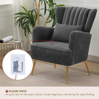 Living Room Chairs Chenille Accent Armchair with Lumbar Pillow&Gold Leg, 8.5" Thick Cushion, Mid Century Modern High Wingback Bedroom Chairs Upholstered Comfy Sofa Arm Chair, Grey