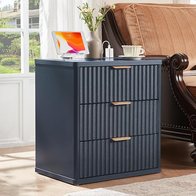 LEYAOYAO Fluted Nightstand with Charging Station, 23" Modern Night Stand with Woodgrain Top, 3 Drawers End Table w/Storage, Bedside Tables for Bedroom, Living Room, Curved Profile Design, Blue