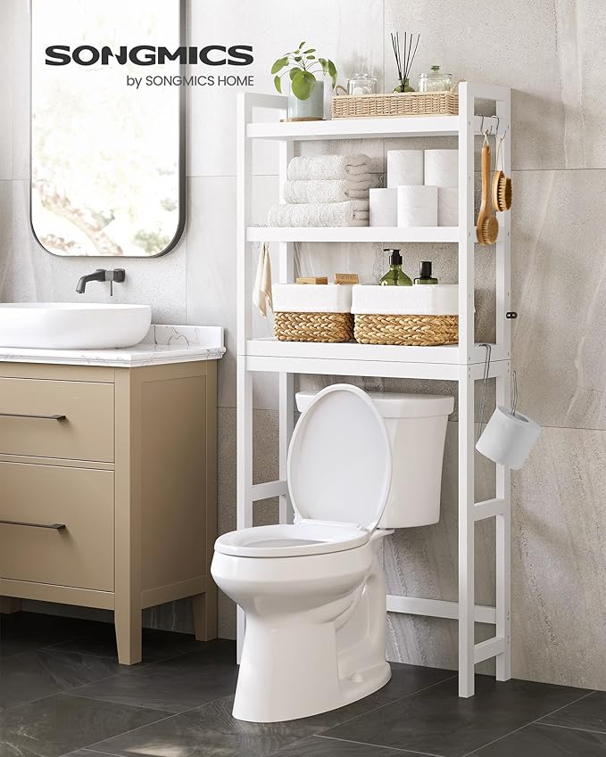 SONGMICS Over The Toilet Storage, 3-Tier Over Toilet Bathroom Organizer with Adjustable Shelf, 10.2 x 24.8 x 66.9 Inches, Space-Saving, Cloud White UBTS01WT