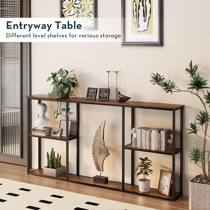 WOHOMO Console Table,3-Tier Small Entryway Tables,Narrow Sofa Table for Hallway,Rustic Brown(63 inch)