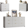 3-Piece Dresser Bedroom Set, 9 Drawer Dresser & 3 Drawer Nightstands with Gold Handles, Fluted Wood Chest of Drawers for Bedroom, Living Room, Entryway, White