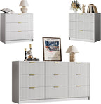 3-Piece Dresser Bedroom Set, 9 Drawer Dresser & 3 Drawer Nightstands with Gold Handles, Fluted Wood Chest of Drawers for Bedroom, Living Room, Entryway, White