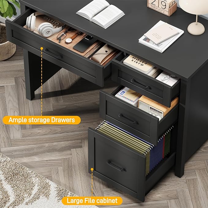Farmhouse 47" Executive Desk, Computer Desk with File Drawer and Charging Station, Workstation for Home Office, Study(Pure Black)