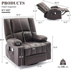 Swivel Rocker Chair with Heat and Massage, 270° Power Recliner Chairs for Adults, USB and Type-C Ports, Oversized Recliner Single Sofa, Electric Glider Chair(Darkbrown)