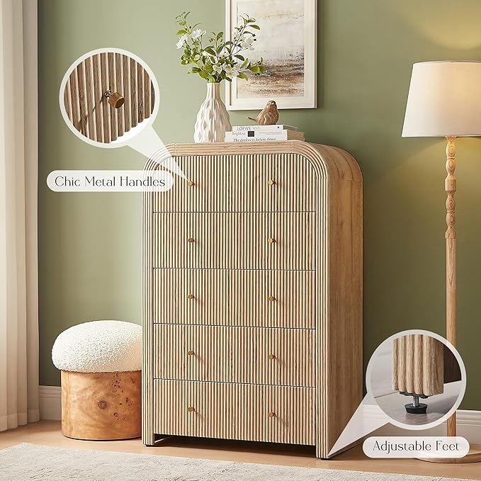 T4TREAM Fluted 5 Drawers Dresser, 48" Tall Modern Chest of Drawers with Thickened Curved Profile Design, Wood Closet Clothes Storage Organizer for Bedroom, Living Room, Hallway, Natural Oak