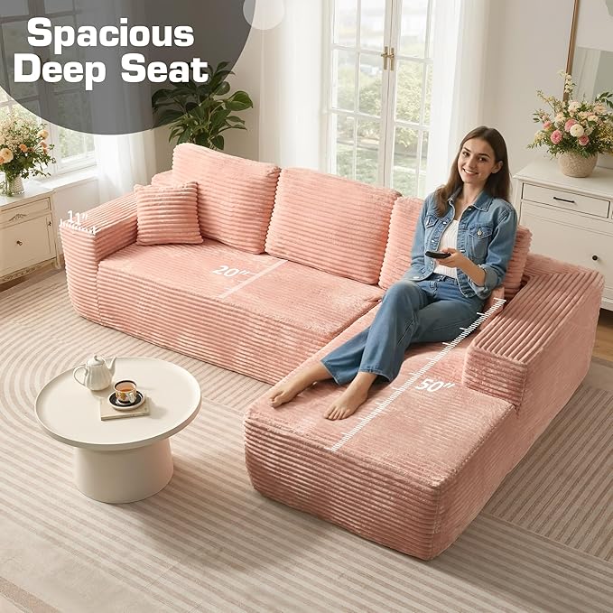 106" Cloud Sectional Couch with L-Shape Chaise, No Assembly Modular Sofa, Deep Seat Plush Corduroy Boneless Couched for Living Room (Pink Plush Corduroy, Right Facing Chaise)