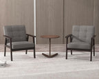 Modern Accent Chair with Wooden Table, Upholstered Linen Fabric Leisure Chair Comfy Side Chair with Backrest Button and Arm Rest for Living Room Bedroom Reading(Gray)