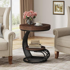 Tribesigns Round End Table, 2-Tier Farmhose Wood Side Table with Shelf Storage, Small Sofa Side Bedside Nightstand, Arc-Shaped Frame Accent Furniture for Living Room, Rustic Brown