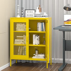 Yellow Metal Storage Cabinet with Mesh Doors, Office Metal Locker Cabinet, Metal Display Cabinet with 2 Adjustable Shelves for Home, Office, Kitchen