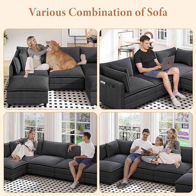 Vesgantti 143" L Shaped Modular Sectional Sofa, Comfy Corduroy Upholstered Modular Sectional Couches for Living Room, Modern Cloud Couch with Ottoman Deep Seat, Dark Grey