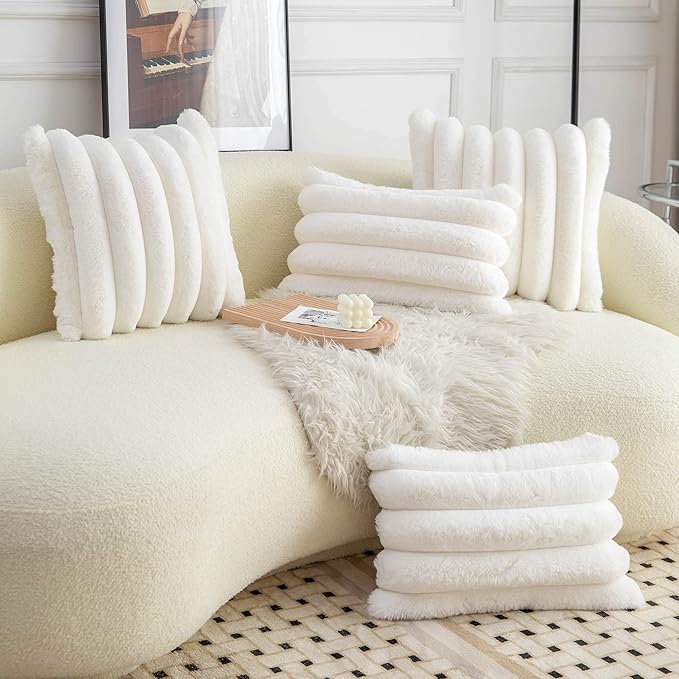 Neelvin Cream White Faux Fur Cozy Soft Striped Decorative Throw Pillow Covers 16x16 inch Set of 2,Velvet Pillowcase Cushion Case for Sofa Couch
