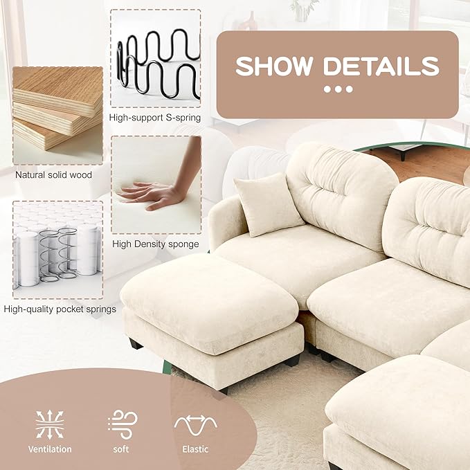 107" L Shaped Sofa for Living Room, Comfy Chenille Fabric Cloud Sectional Couch, Modern Upholstered Deep Seat Sofa with Pillow and Movable Ottoman, Oversized 3 Seater Sectional Sofa, Beige