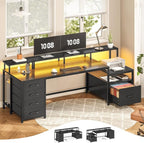 SEDETA 75'' Computer Desk with 5 Drawer, Power Outlet & Led Lights, Home Office Desk with File Drawer, Storage Shelves, Printer Cabinet and Monitor Shelf, 23.6" W Large Desktop Gaming Desk, Black