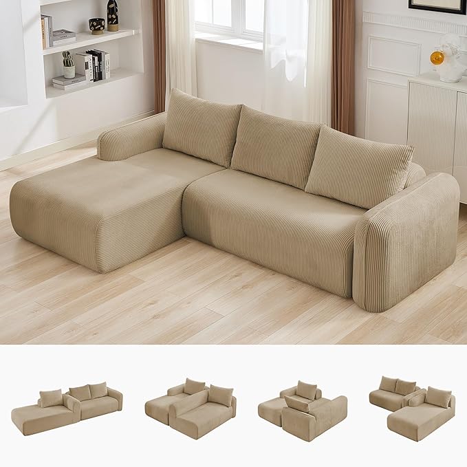 103'' Boneless Corduroy L Shaped Couch, 3 Seat Modular Sectional Deep Seat Sofa with Chaise Lounge, No Assembly Cloud Lounge Sleeper Sofa, Camel